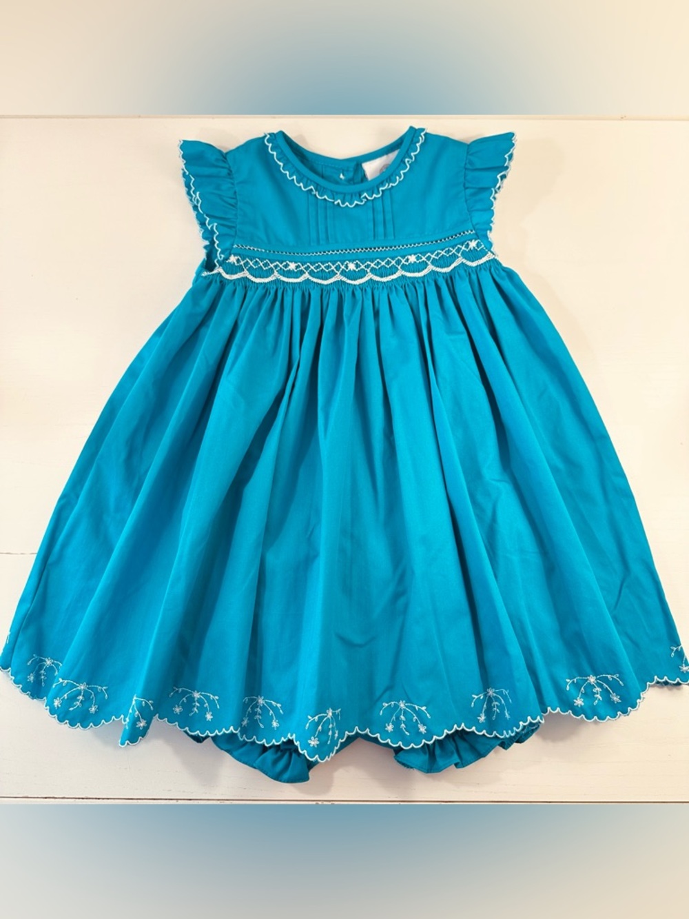 Proper Peony Turquoise Embroidered Dress + Bloomers 24M
